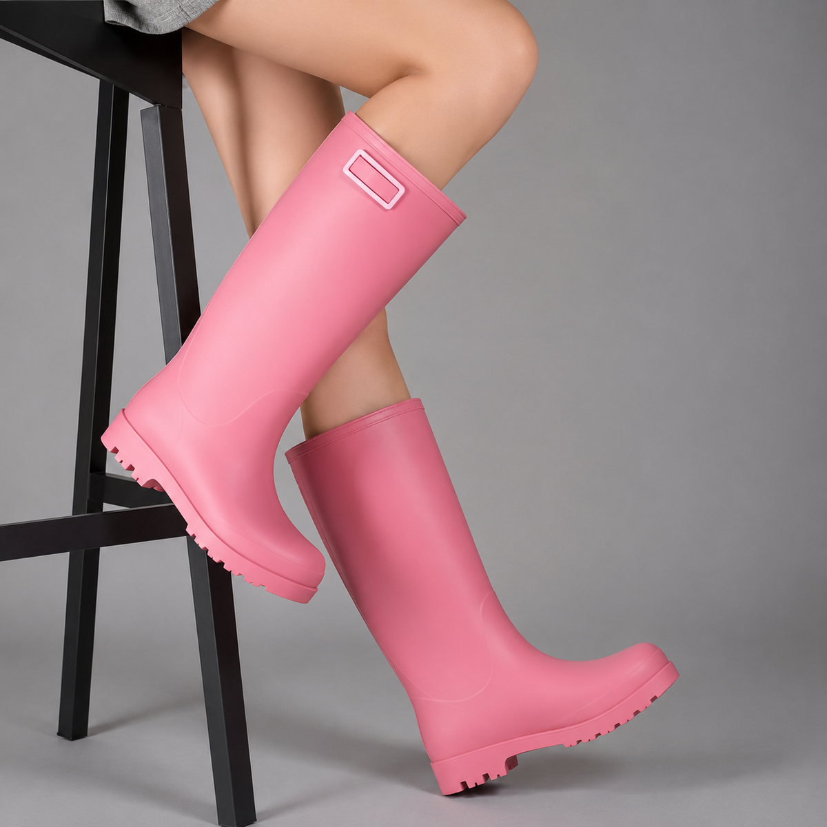 Roze hoge regenlaarzen gedragen door persoon zittend op kruk | Boutique Moda