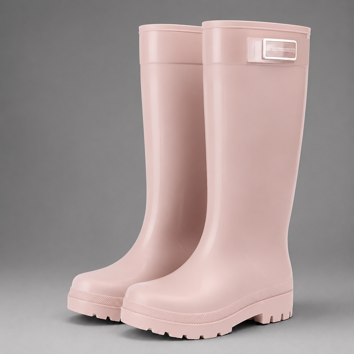 Roze pvc regenlaarzen met hoge schacht, los staand op grijze achtergrond | Boutique Moda