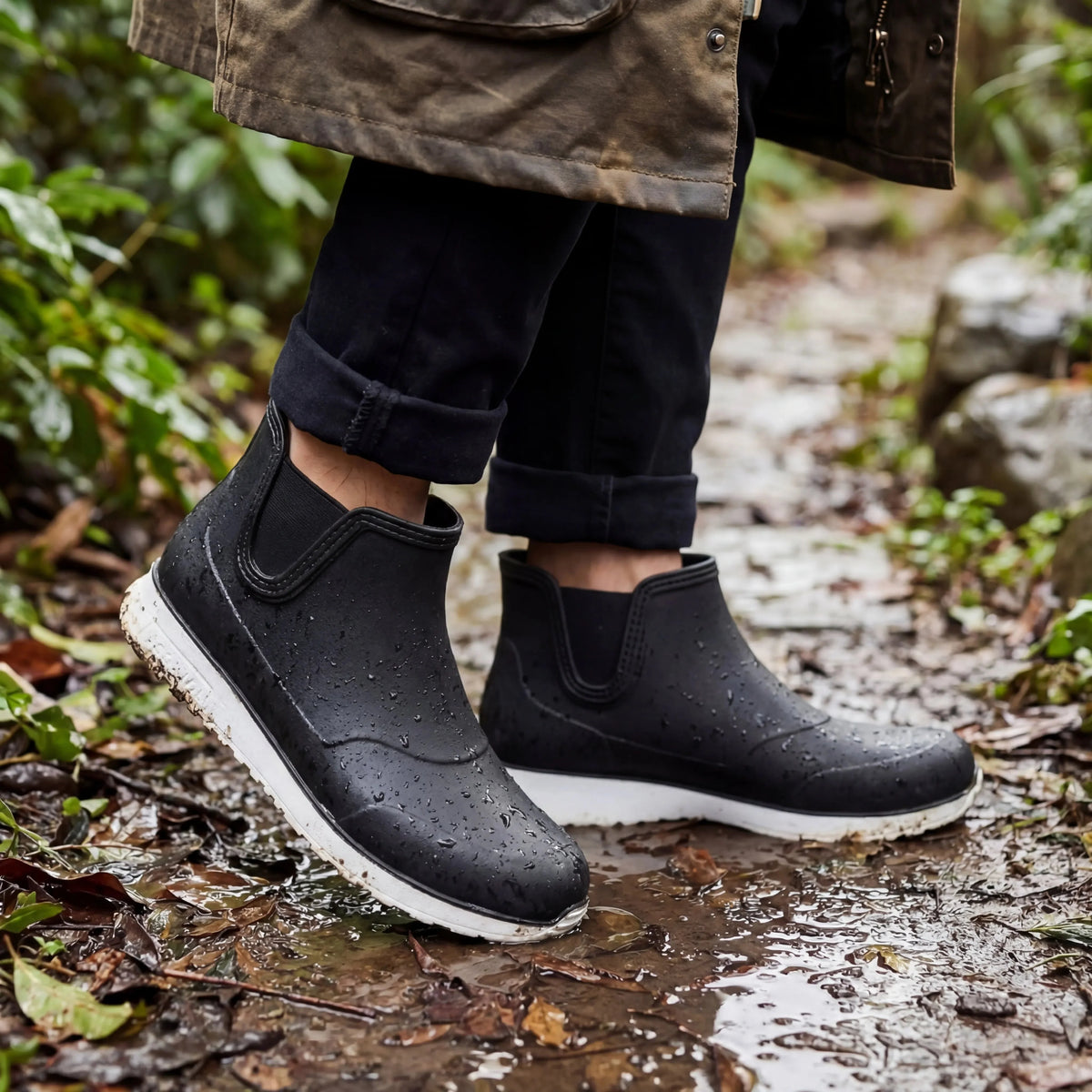 A person's lower legs and feet wearing black ankle rain boots with white soles, standing on a wet muddy path with leaves and rocks.