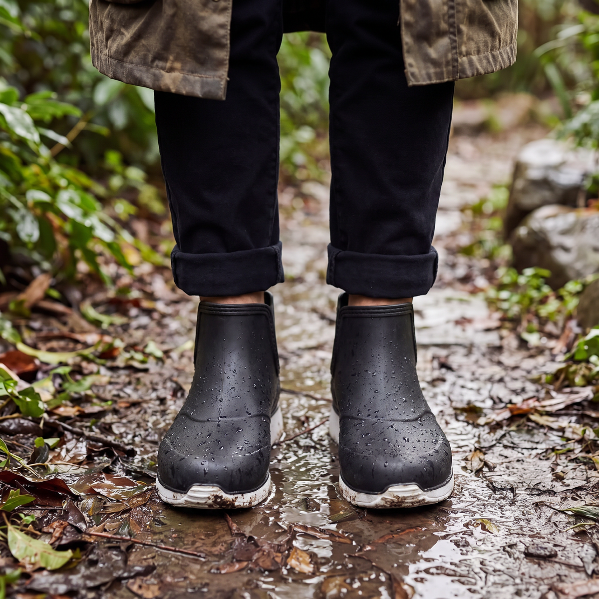 A person's lower legs and feet wearing black ankle rain boots with white soles, standing on a wet muddy path with leaves and rocks, front view