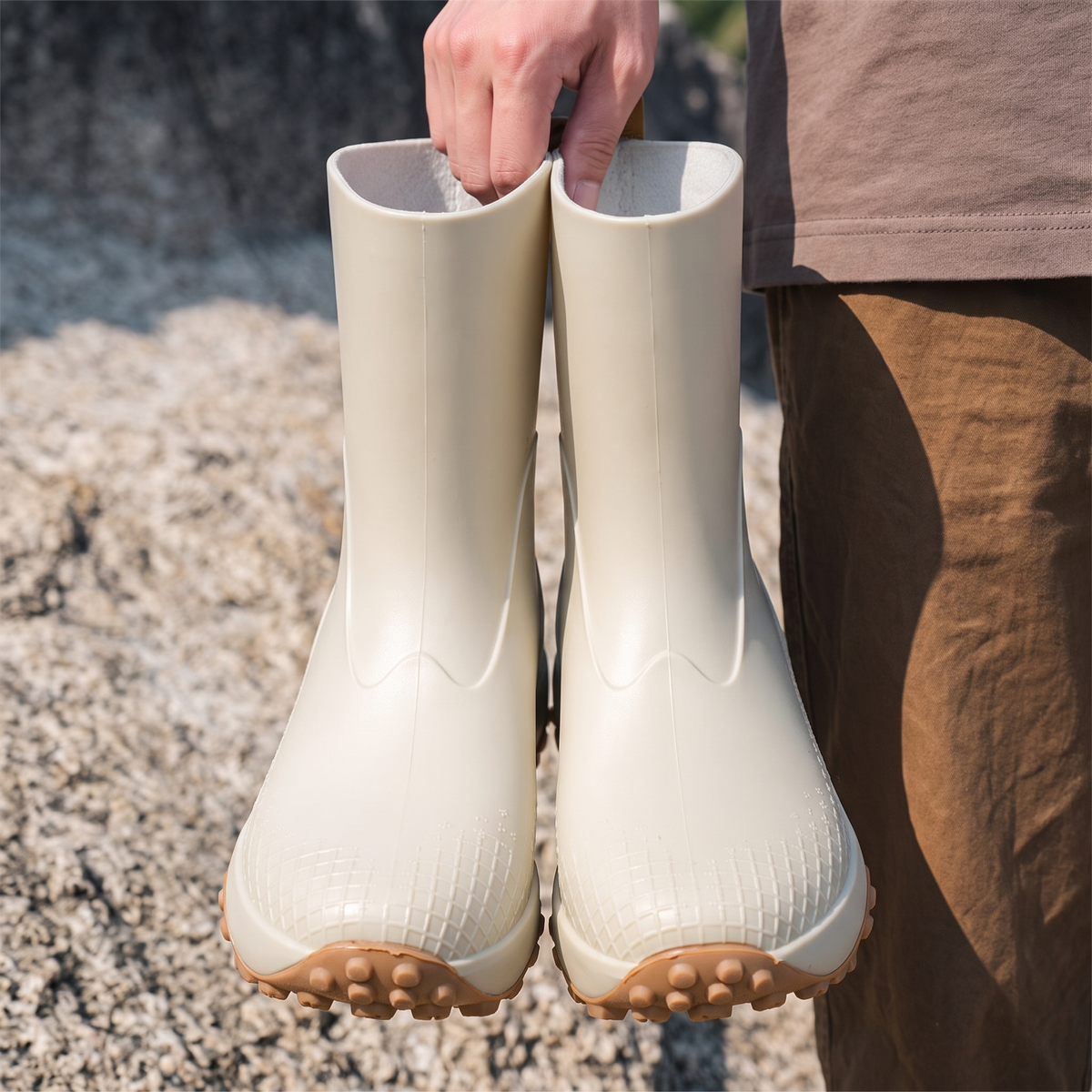 Beige rubberlaarzen voor heren, vooraanzicht