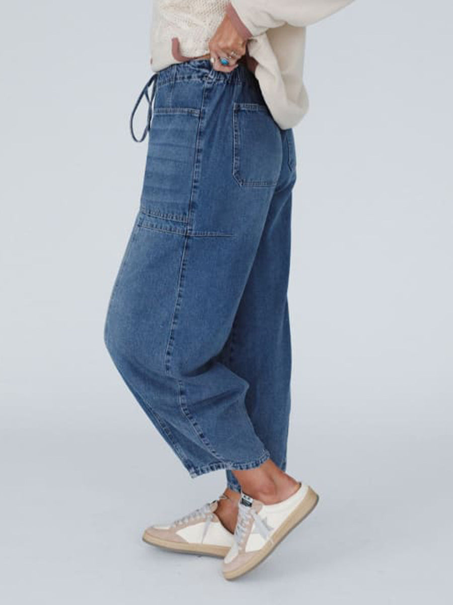 Baggy jeans | Trekkoord | Losse pasvorm | Denim joggingbroek | Damesjeans-Boutique Moda