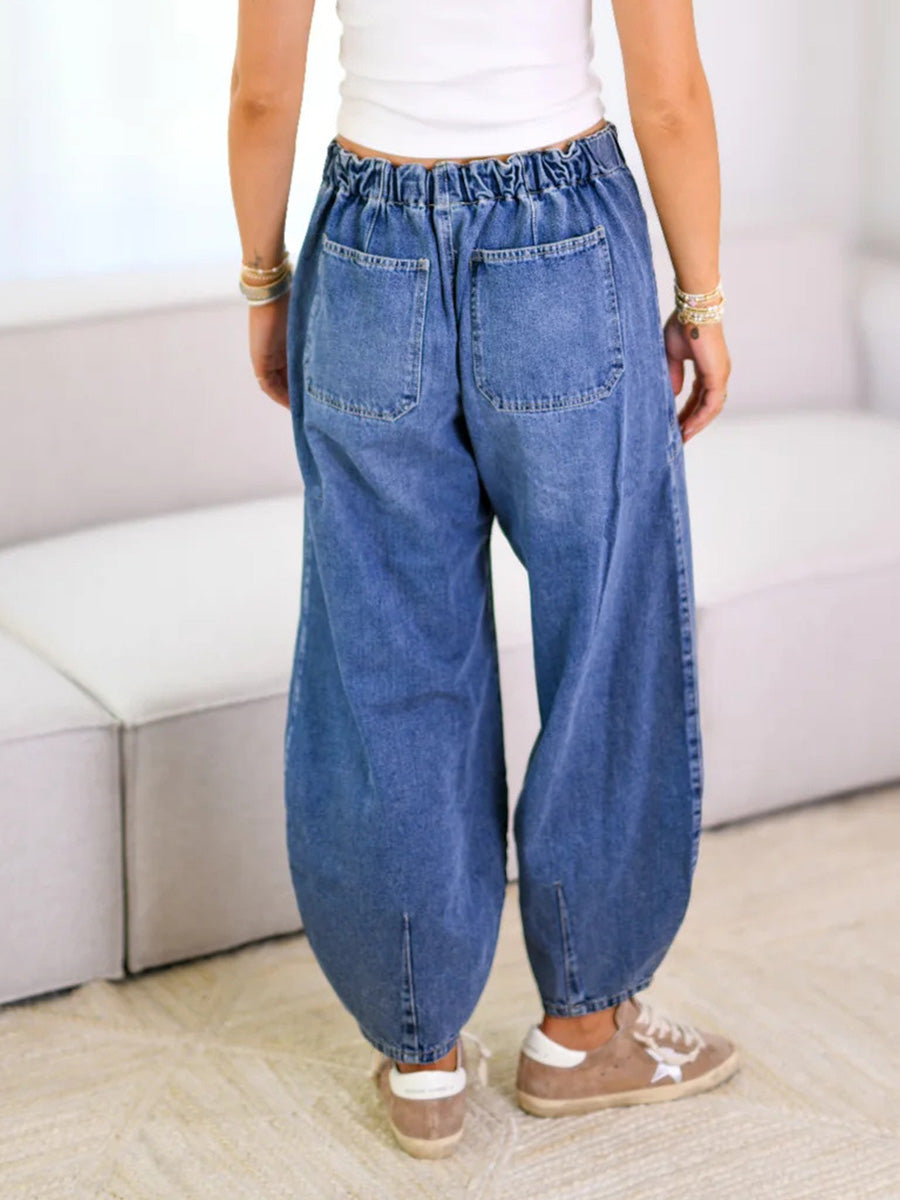 Baggy jeans | Trekkoord | Losse pasvorm | Denim joggingbroek | Damesjeans-Boutique Moda
