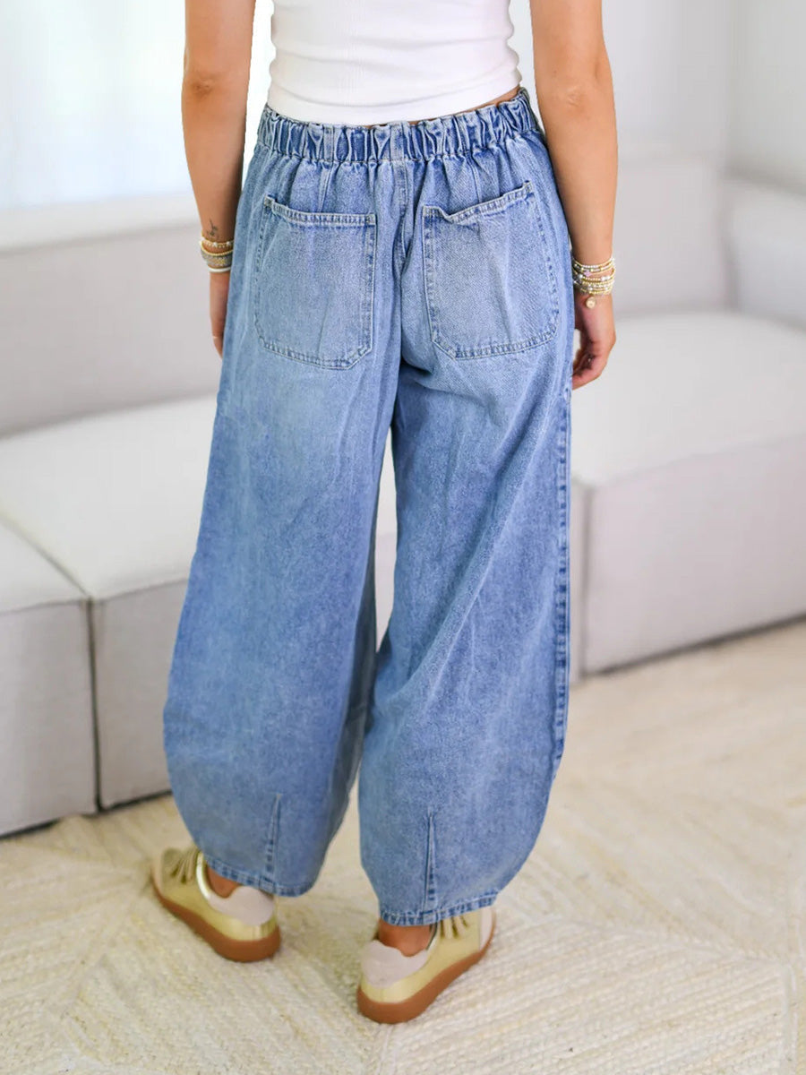 Baggy jeans | Trekkoord | Losse pasvorm | Denim joggingbroek | Damesjeans-Boutique Moda