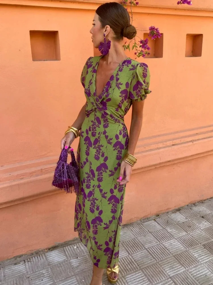 Bloemen Midi-jurk Dames – V-hals, Pofmouwen en Strikceintuur-Boutique Moda