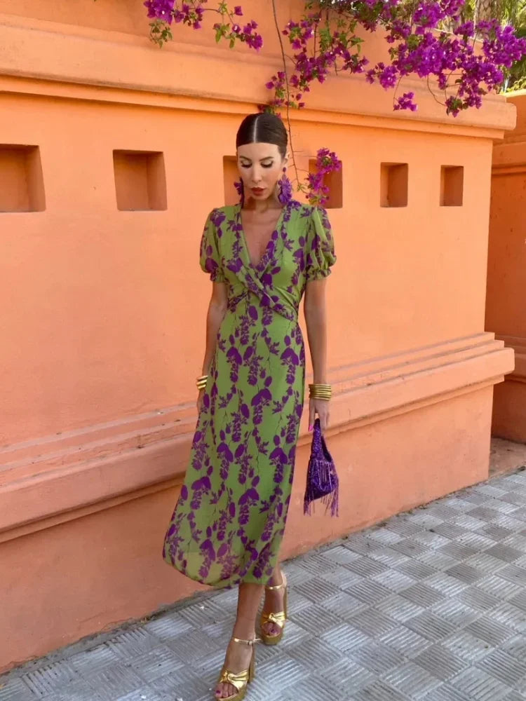 Bloemen Midi-jurk Dames – V-hals, Pofmouwen en Strikceintuur-Boutique Moda