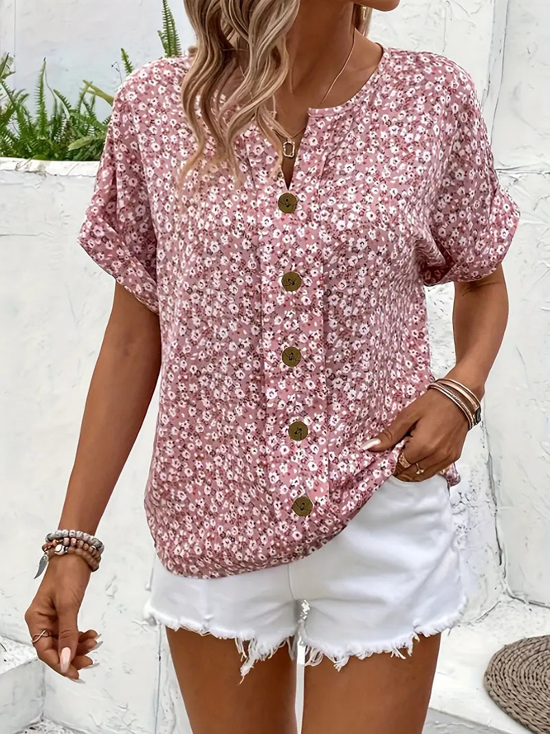 Bloemenblouse – Roze zomerbluze met knoopjes voor dames-Boutique Moda