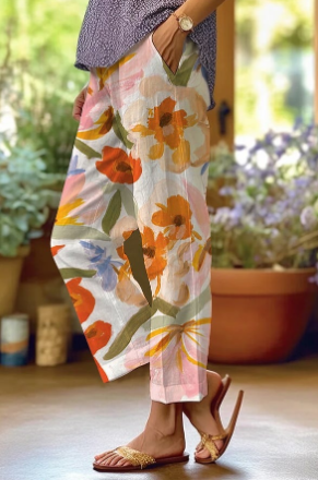 Bloemenbroek - Linnen damesbroek met losse pasvorm voor de zomer-Boutique Moda