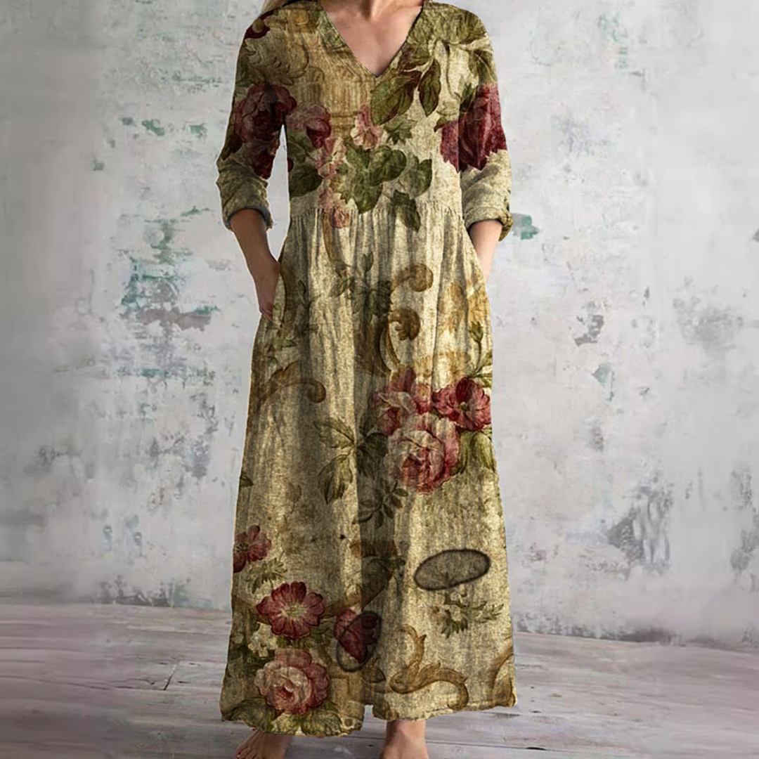 Bloemenjurk Dames – Losse Maxi-jurk met Lange Mouwen en Zakken-Boutique Moda