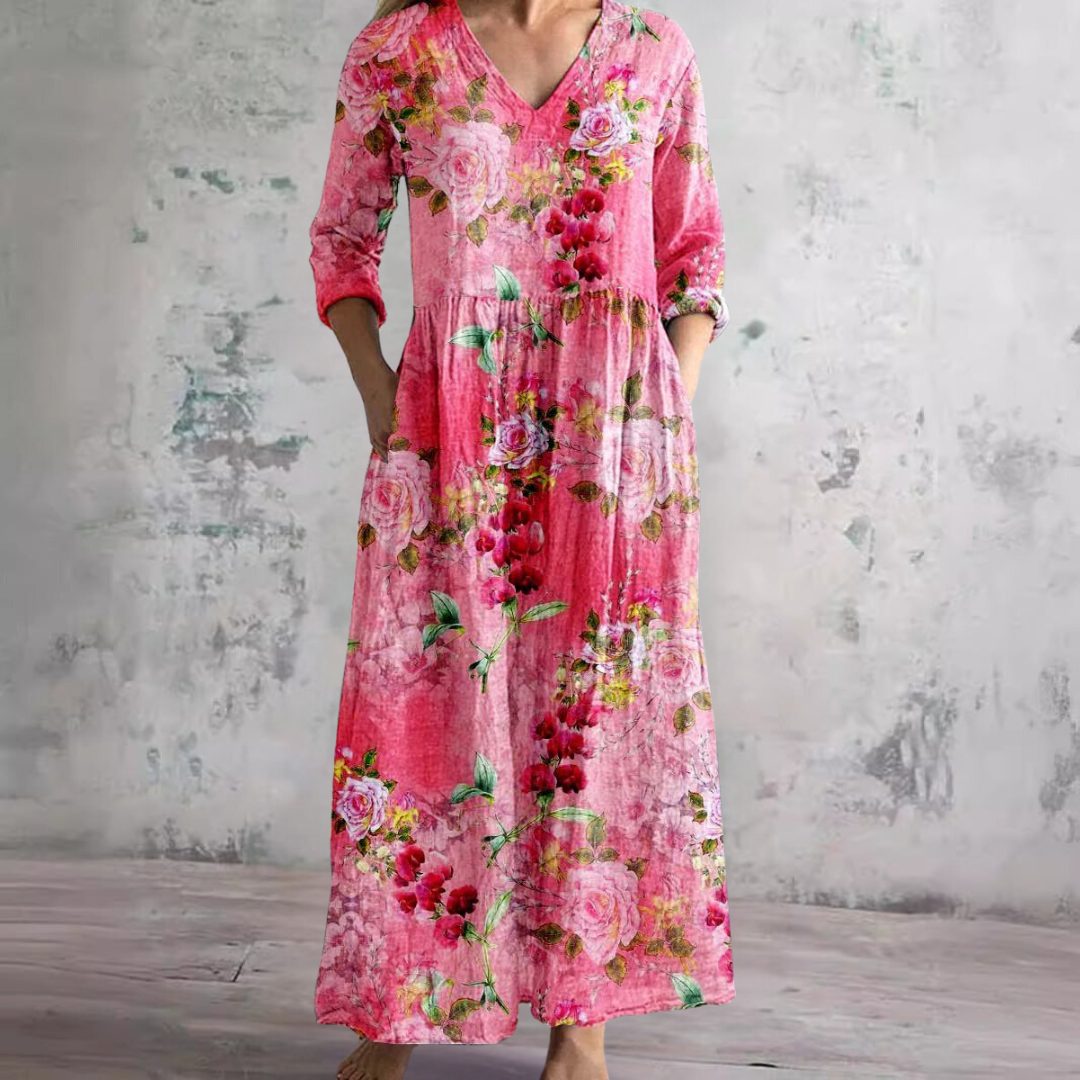 Bloemenjurk Dames – Losse Maxi-jurk met Lange Mouwen en Zakken-Boutique Moda