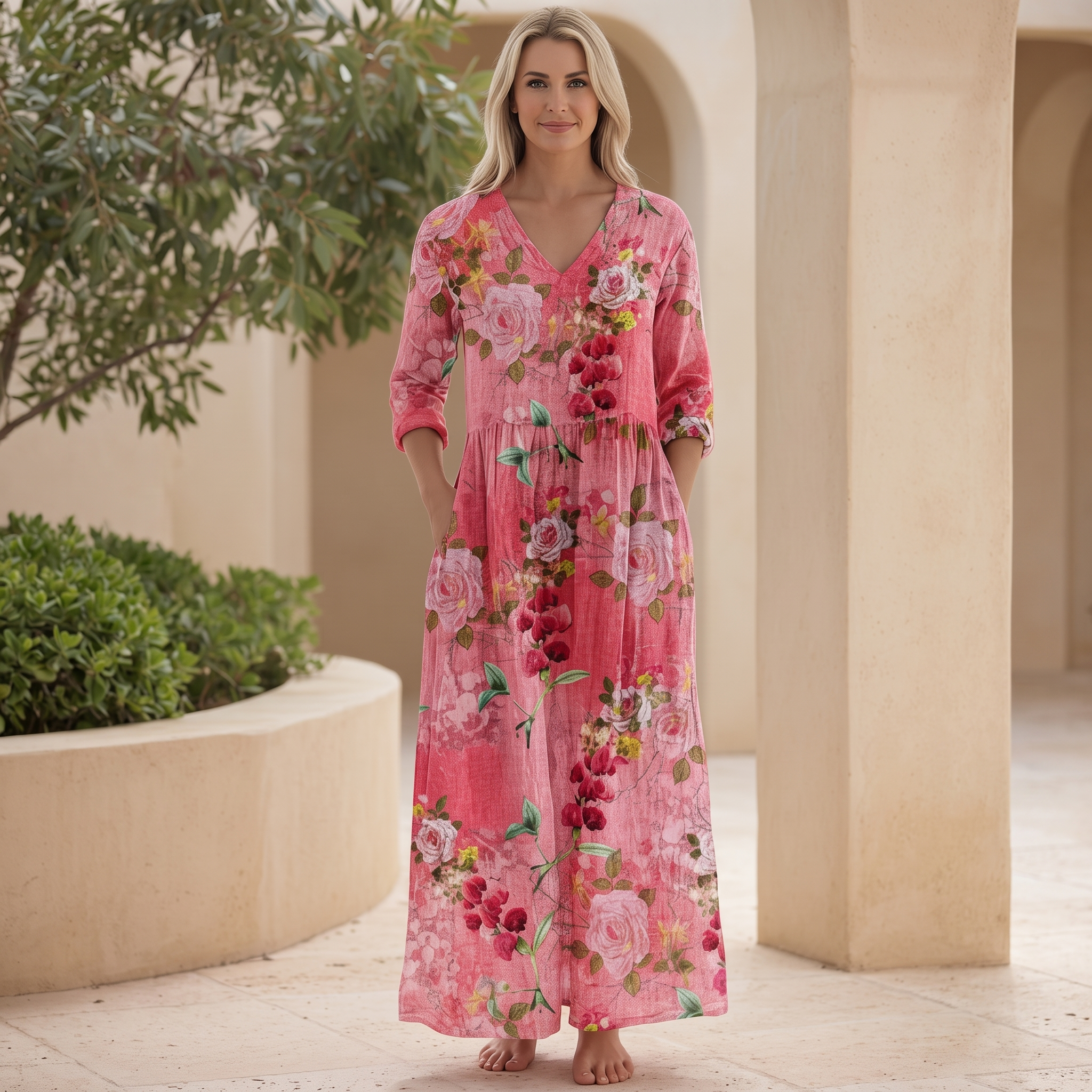 Bloemenjurk Dames – Losse Maxi-jurk met Lange Mouwen en Zakken-Boutique Moda
