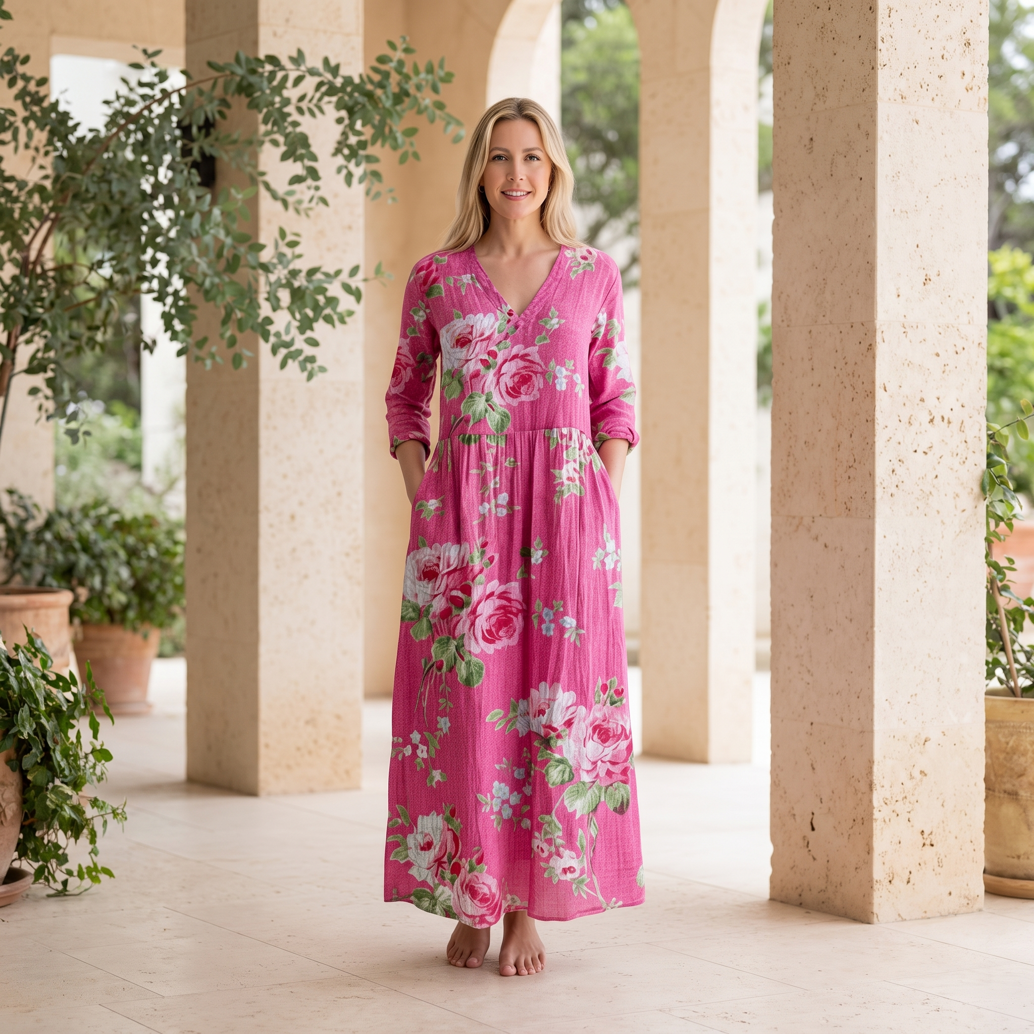 Bloemenjurk Dames – Losse Maxi-jurk met Lange Mouwen en Zakken-Boutique Moda