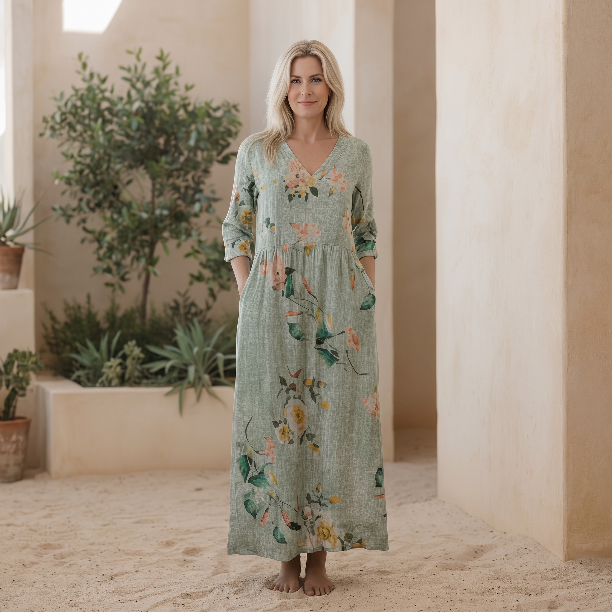 Bloemenjurk Dames – Losse Maxi-jurk met Lange Mouwen en Zakken-Boutique Moda
