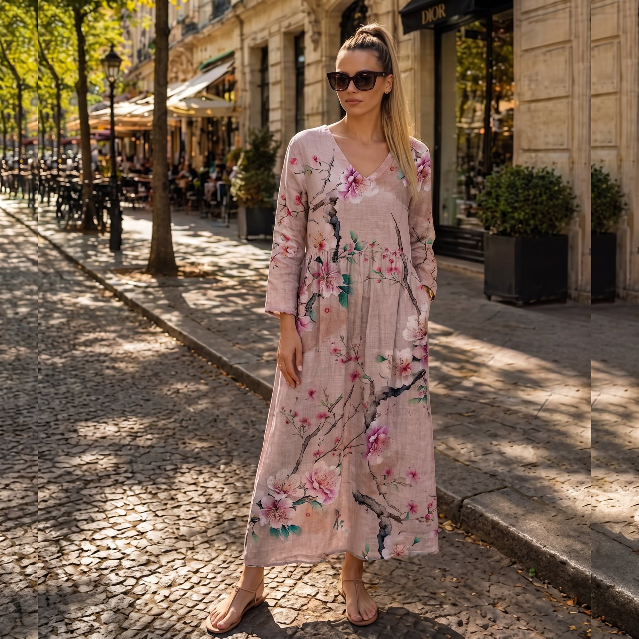 Bloemenjurk Dames – Losse Maxi-jurk met Lange Mouwen en Zakken-Boutique Moda