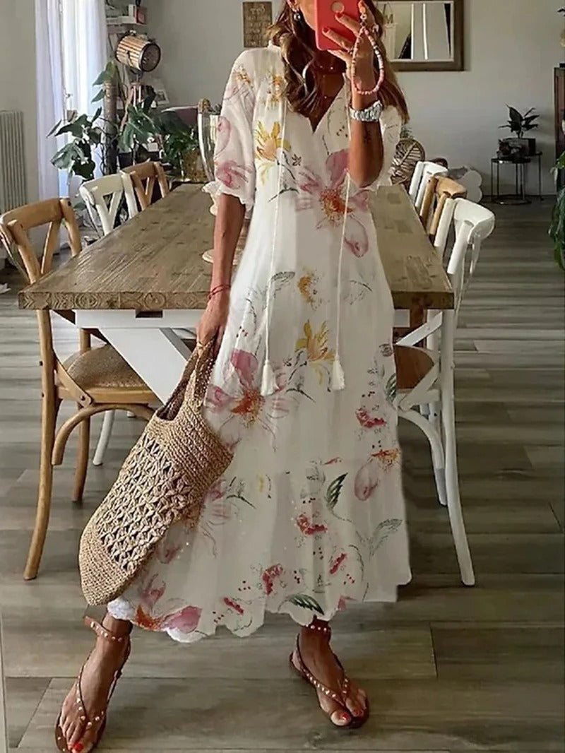 Bloemenjurk - Losse Boho Maxi zomerjurk met halve mouwen-Boutique Moda