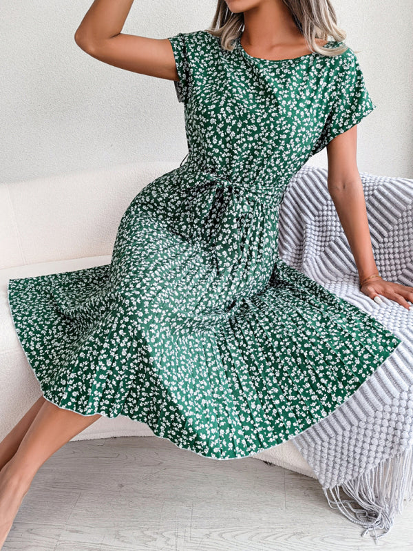 Bloemenjurk - Strikt in de taille - Korte mouwen - Knie-lengte jurk - Zomerjurk-Boutique Moda