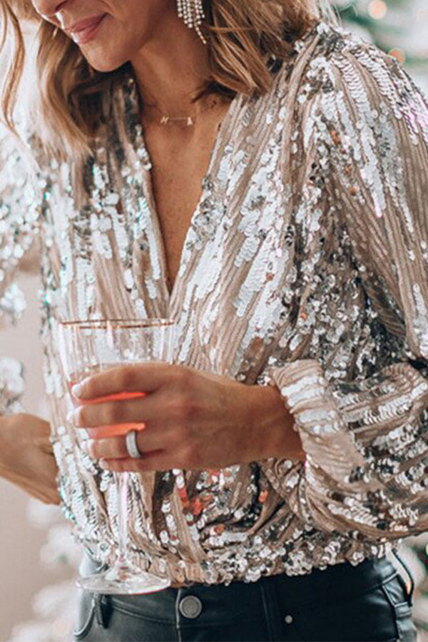 Blouse, Lange Mouw, Glitter, Pailletten Top, Feestelijke Topjes-Boutique Moda