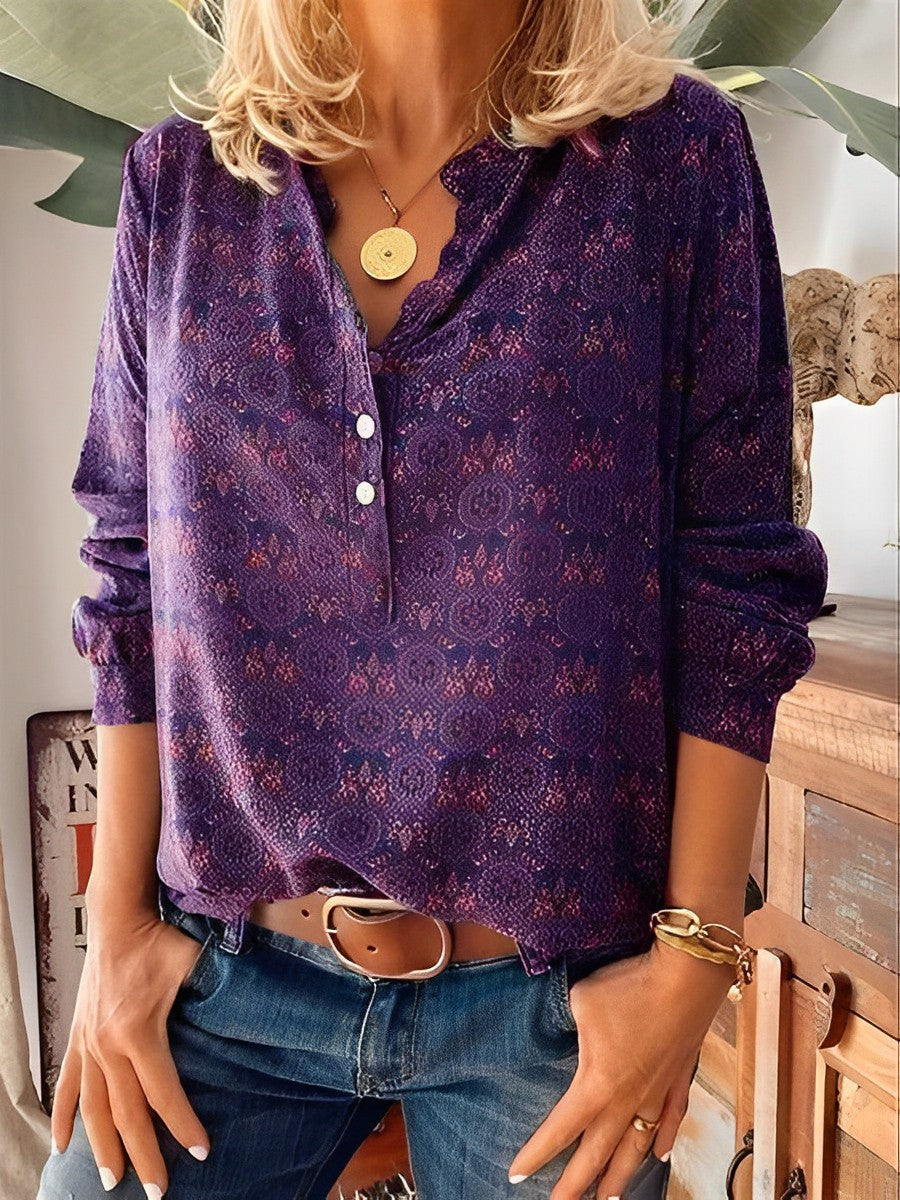 Blouse - Vrouwen Lange Mouw V-Hals Vintage Blouse-Boutique Moda