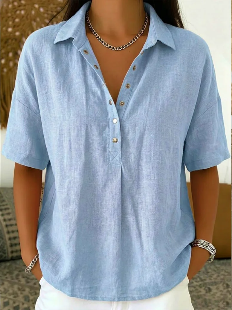 Blouse met korte mouwen – Casual damesblouse met kraag en knoopsluiting-Boutique Moda