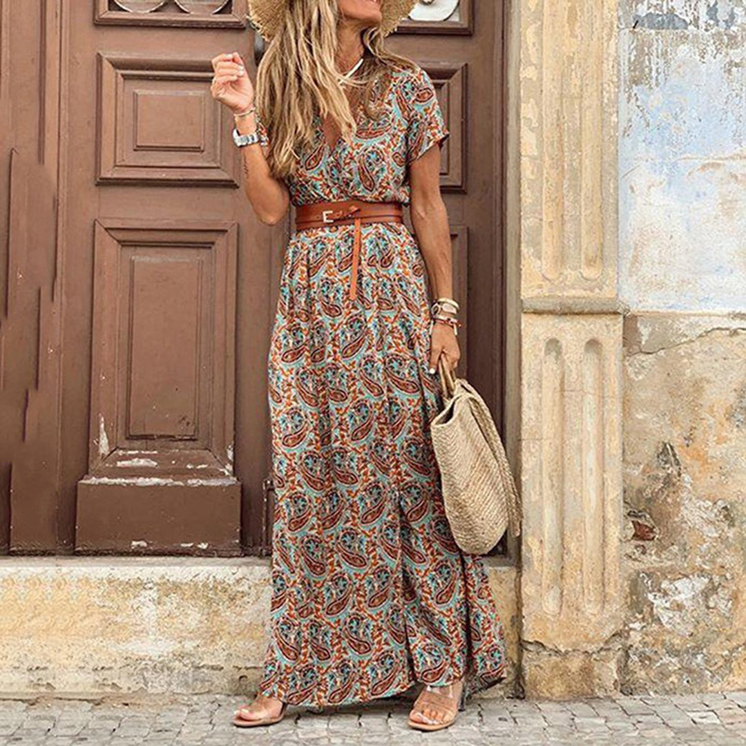 Boho Jurk | Korte Mouw | Riem | Maxi Jurk | Zomerjurk-Boutique Moda