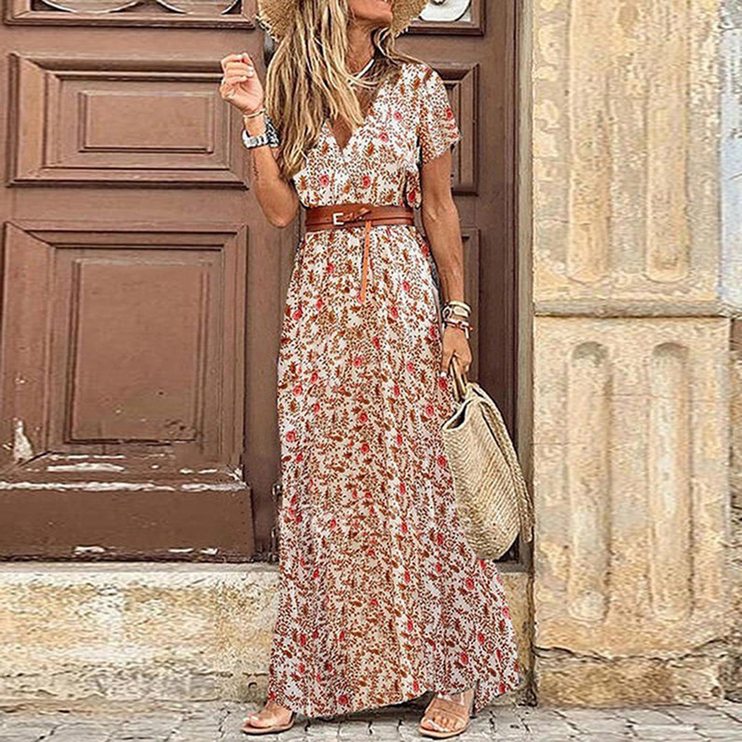 Boho Jurk | Korte Mouw | Riem | Maxi Jurk | Zomerjurk-Boutique Moda