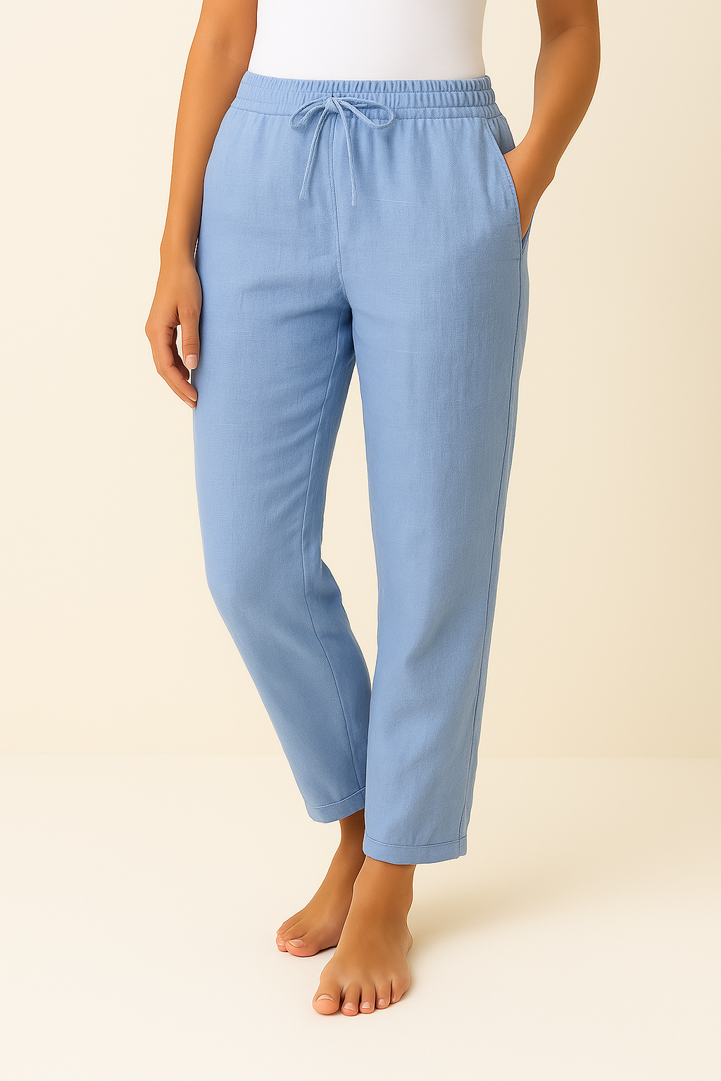 Broek met koord | Elastische Taille | Rechte Pijp | Linnen Broek | Damesbroek-Boutique Moda