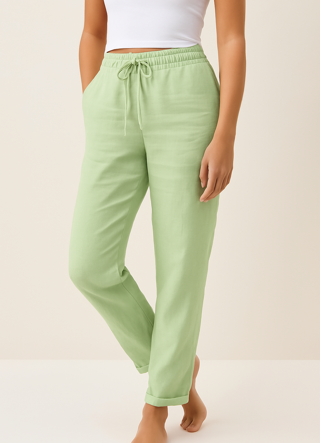 Broek met koord | Elastische Taille | Rechte Pijp | Linnen Broek | Damesbroek-Boutique Moda