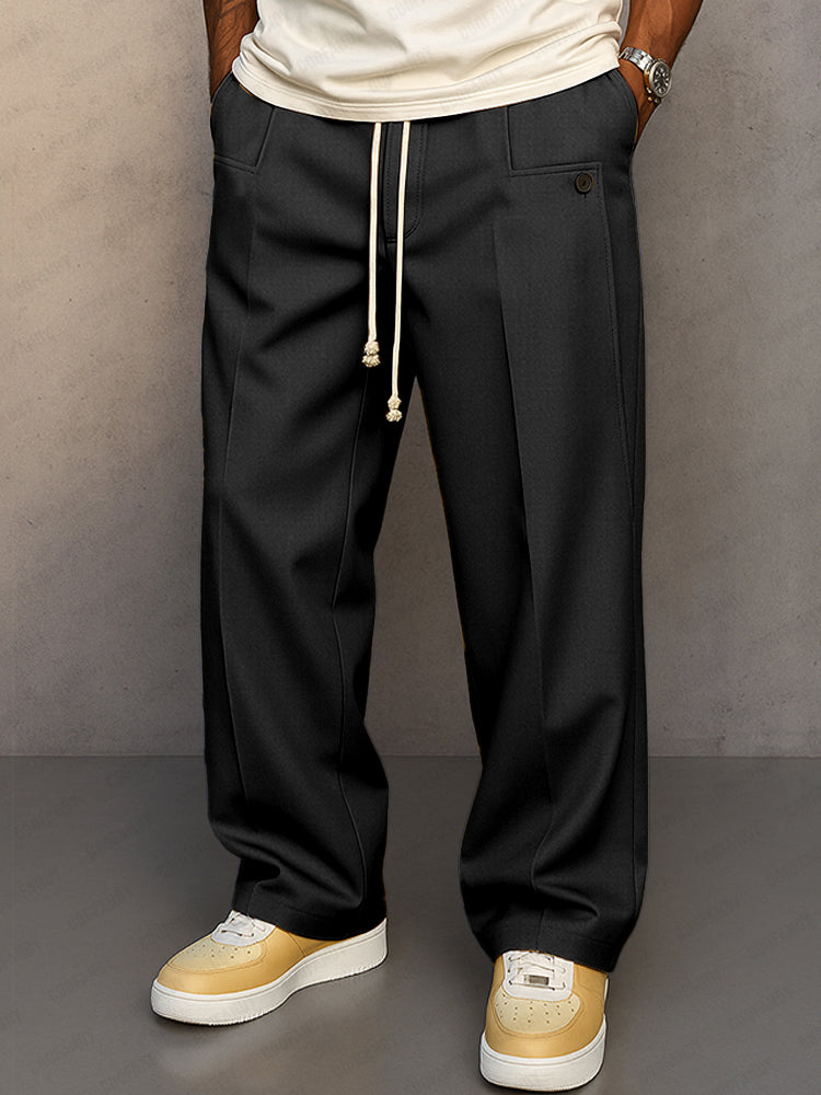 Broek met trekkoord | Losse pasvorm | Met plooien | Recht gesneden broek | Herenbroek-Boutique Moda