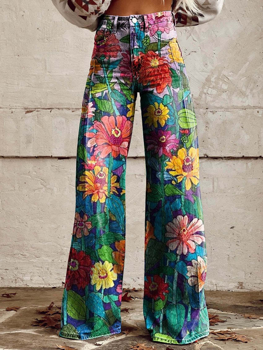 Broek met wijde pijpen - Bedrukt - Hoge taille - Zomerbroek - Damesjeans-Boutique Moda