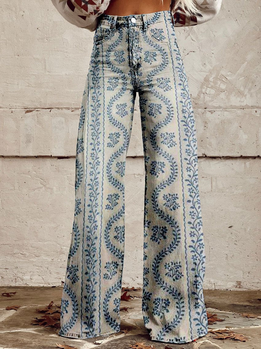 Broek met wijde pijpen - Bedrukt - Hoge taille - Zomerbroek - Damesjeans-Boutique Moda