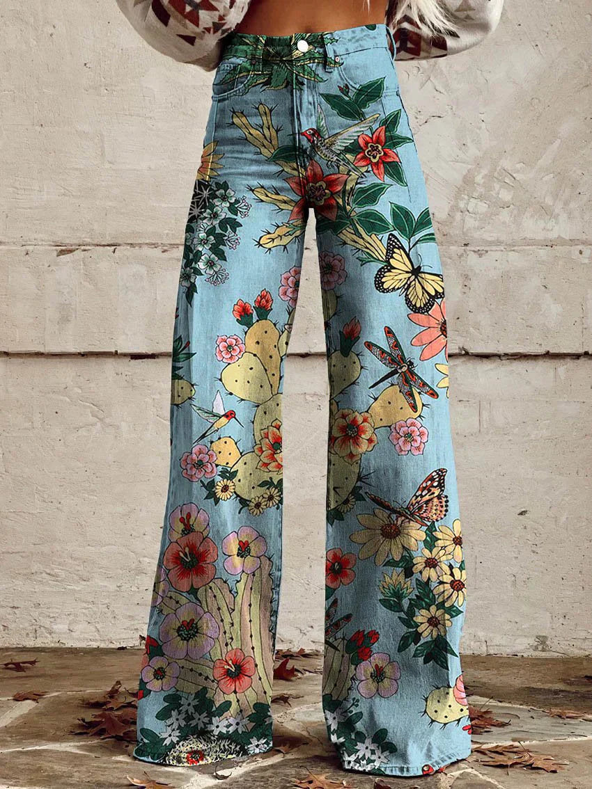 Broek met wijde pijpen - Bedrukt - Hoge taille - Zomerbroek - Damesjeans-Boutique Moda