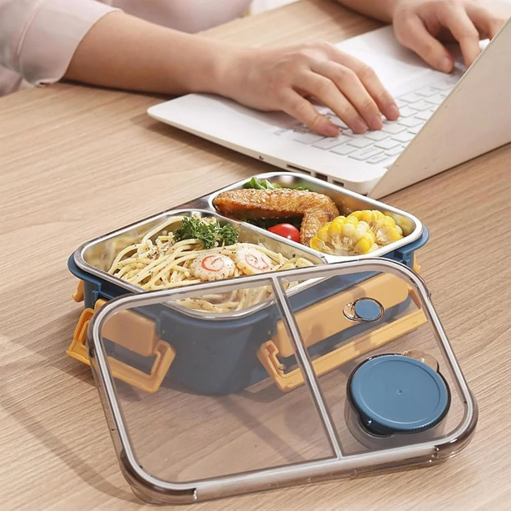 Broodtrommel RVS | Bento Lunchbox 3 Vakken | Sauskommetje en Bestek-Boutique Moda