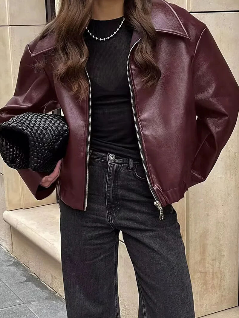 Burgundy Leren Jas | Oversized | Zip-Up | Leren Bomber Jas | Leren Jas Vrouwen-Boutique Moda