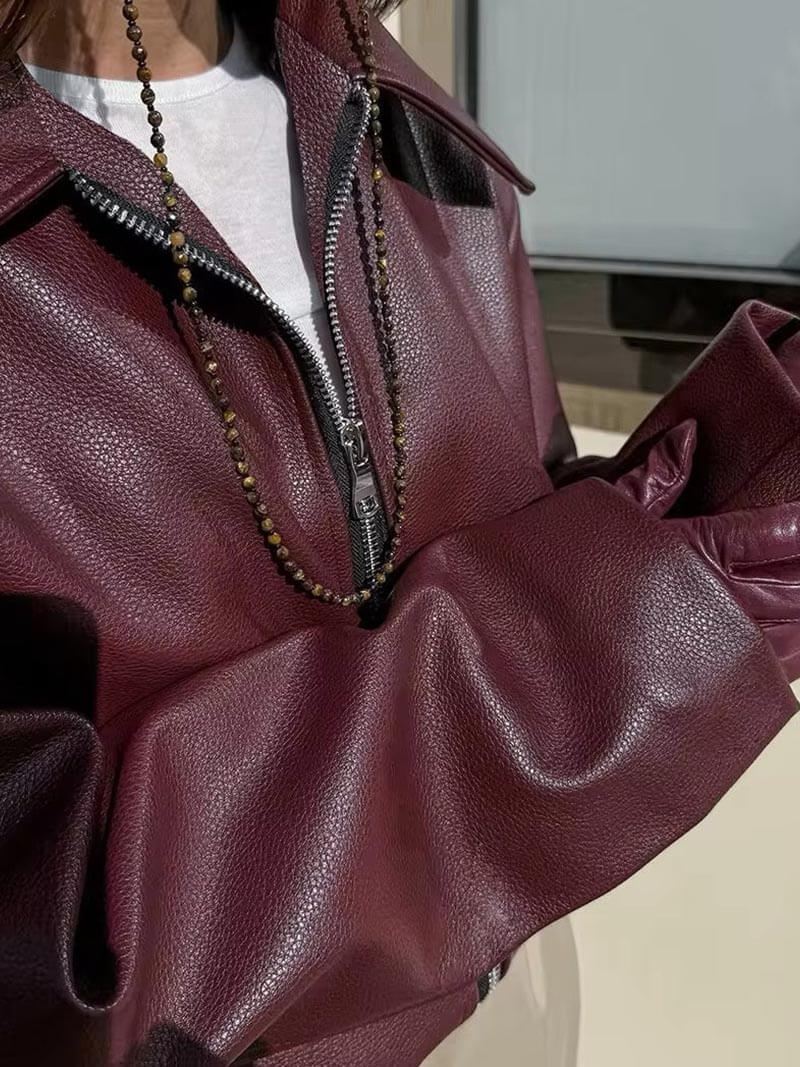 Burgundy Leren Jas | Oversized | Zip-Up | Leren Bomber Jas | Leren Jas Vrouwen-Boutique Moda