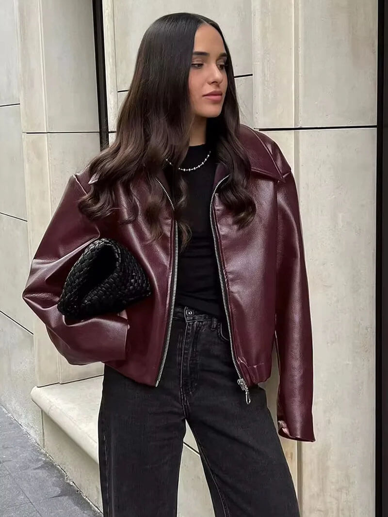Burgundy Leren Jas | Oversized | Zip-Up | Leren Bomber Jas | Leren Jas Vrouwen-Boutique Moda