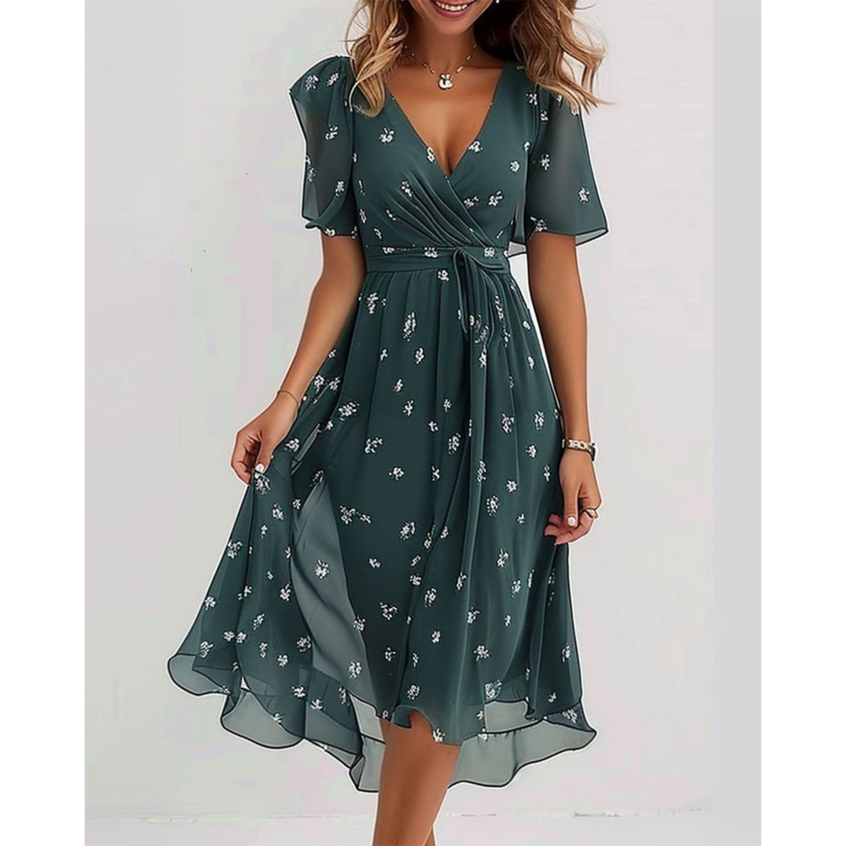 Chiffon jurk - V-hals - Vlindermouw - Midi jurk - Zomerjurk-Boutique Moda