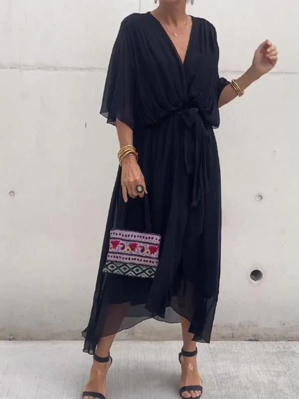 Chiffonjurk – Elegante, soepel vallende maxi-jurk met V-hals-Boutique Moda