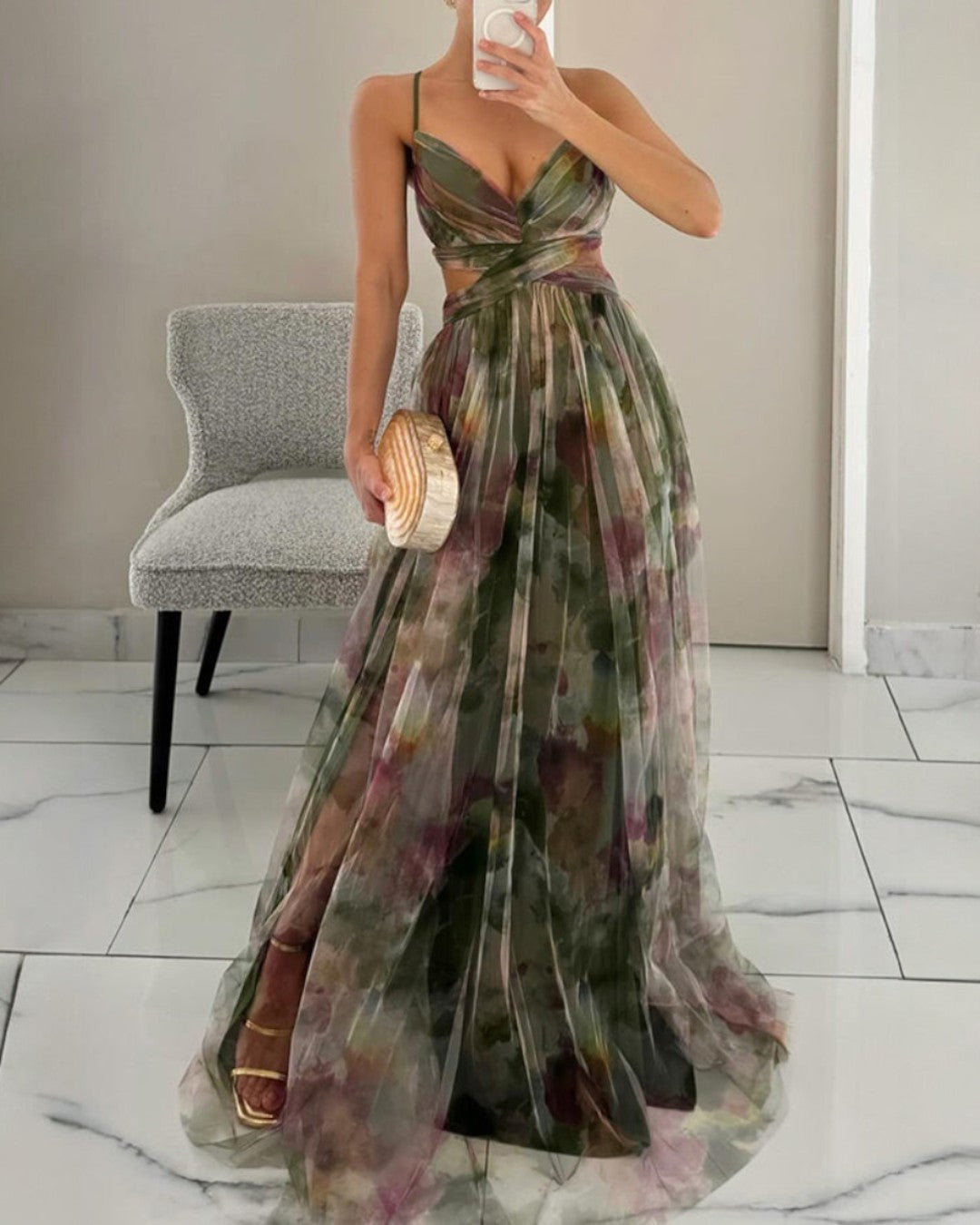 Chiffonjurk | Mouwloos | Geplooid | Jurk met uitsnijdingen | Maxi-jurk-Boutique Moda