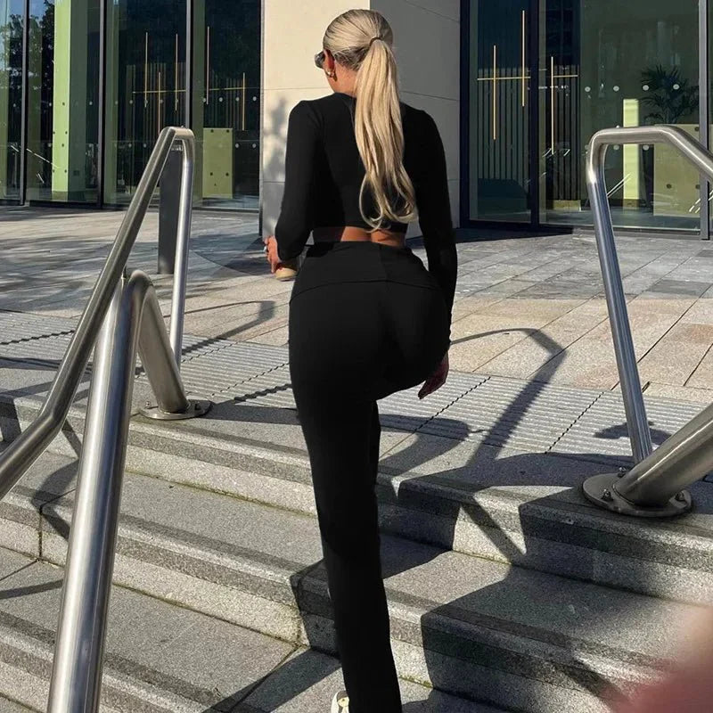 Co-Ord Set - Lange mouwen - Hoge taille - Broek en crop top set - Tweedelige set voor dames-Boutique Moda