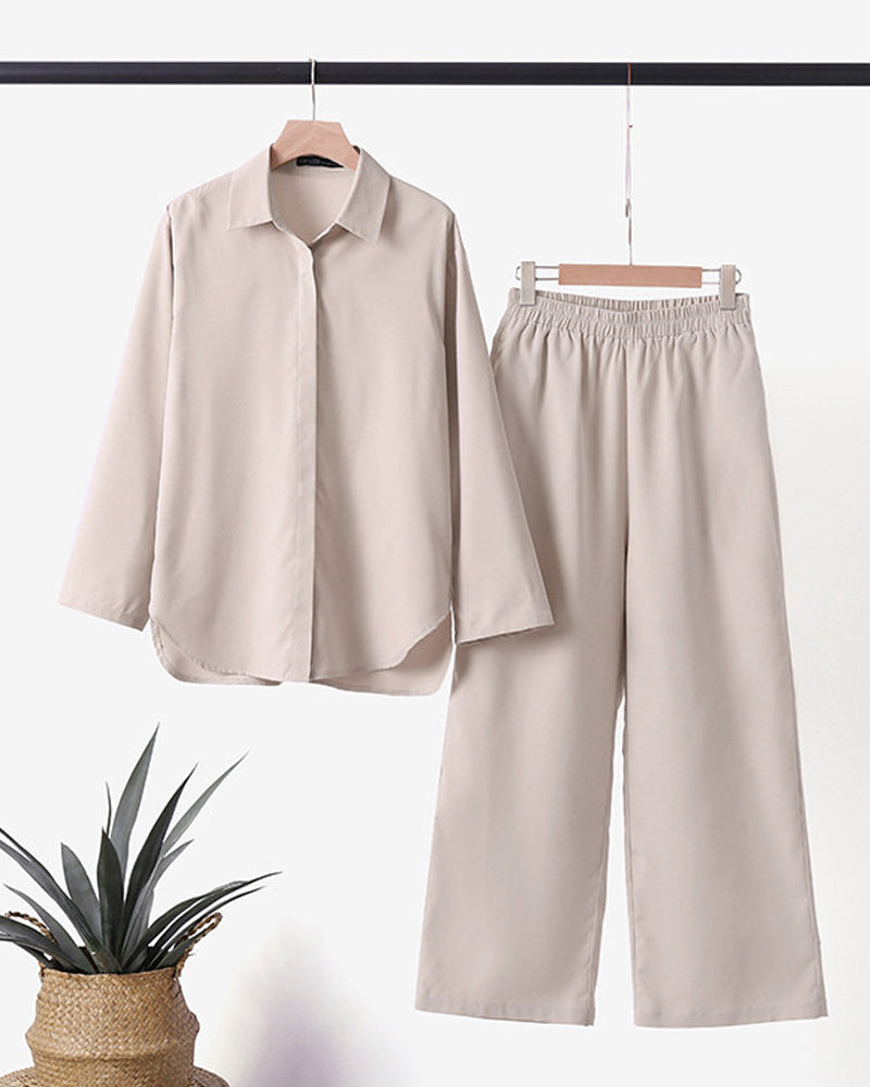 Co-Ord Set - Lange mouwen - Wijde pijpen - Linnen tweedelige set - Dameskleding-Boutique Moda