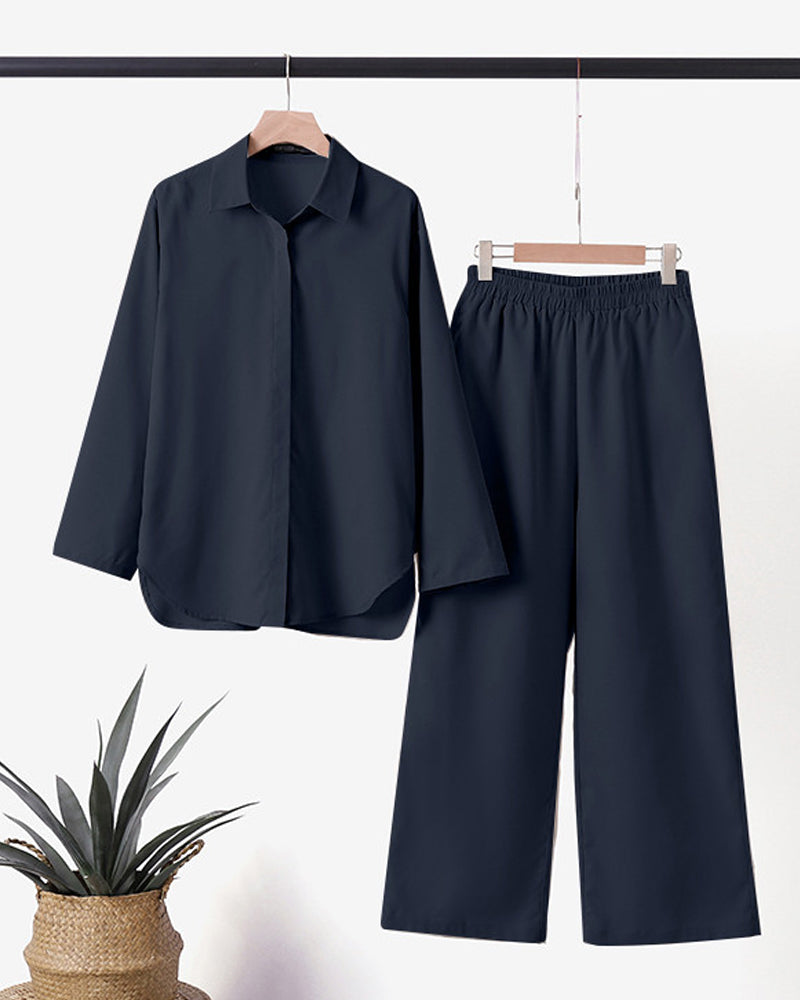 Co-Ord Set - Lange mouwen - Wijde pijpen - Linnen tweedelige set - Dameskleding-Boutique Moda
