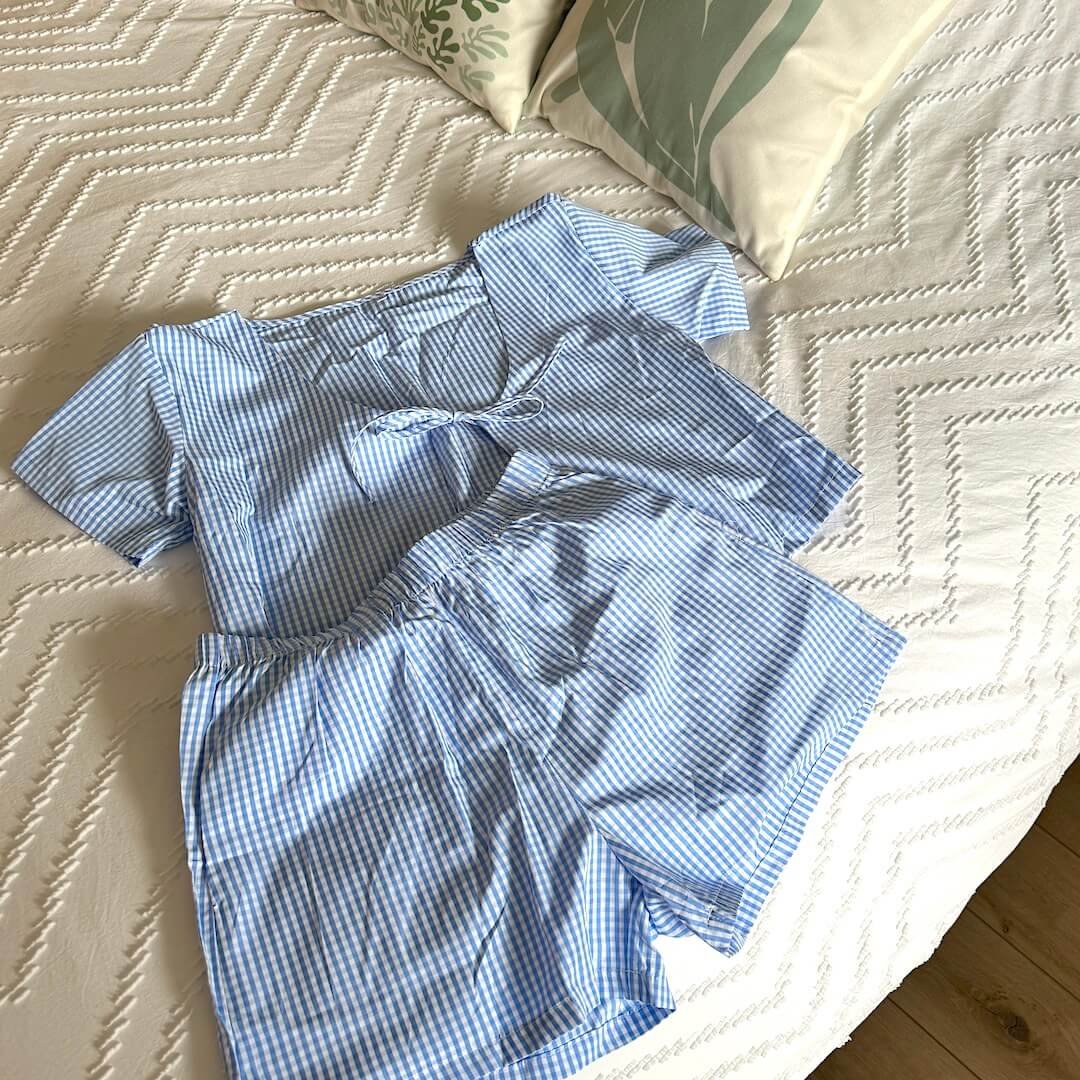 Co-ord Set Dames | Blauw Geruit | Top En Short-Boutique Moda