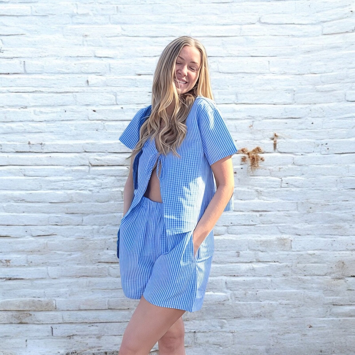 Co-ord Set Dames | Blauw Geruit | Top En Short-Boutique Moda
