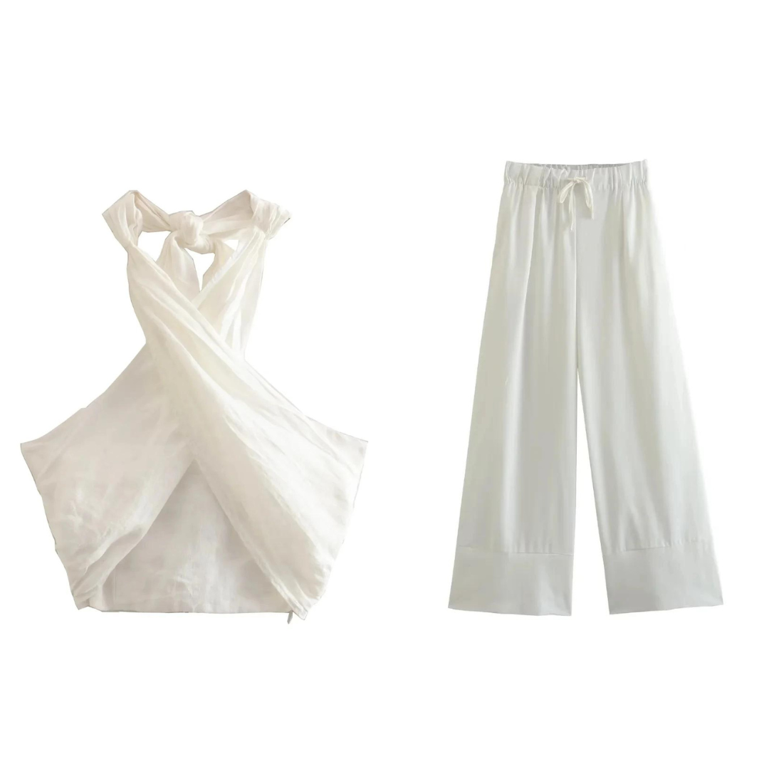 Coord Set - Linnen - Wijde pijpen - Halternek - Tweedelige set - Zomerkleding voor dames-Boutique Moda