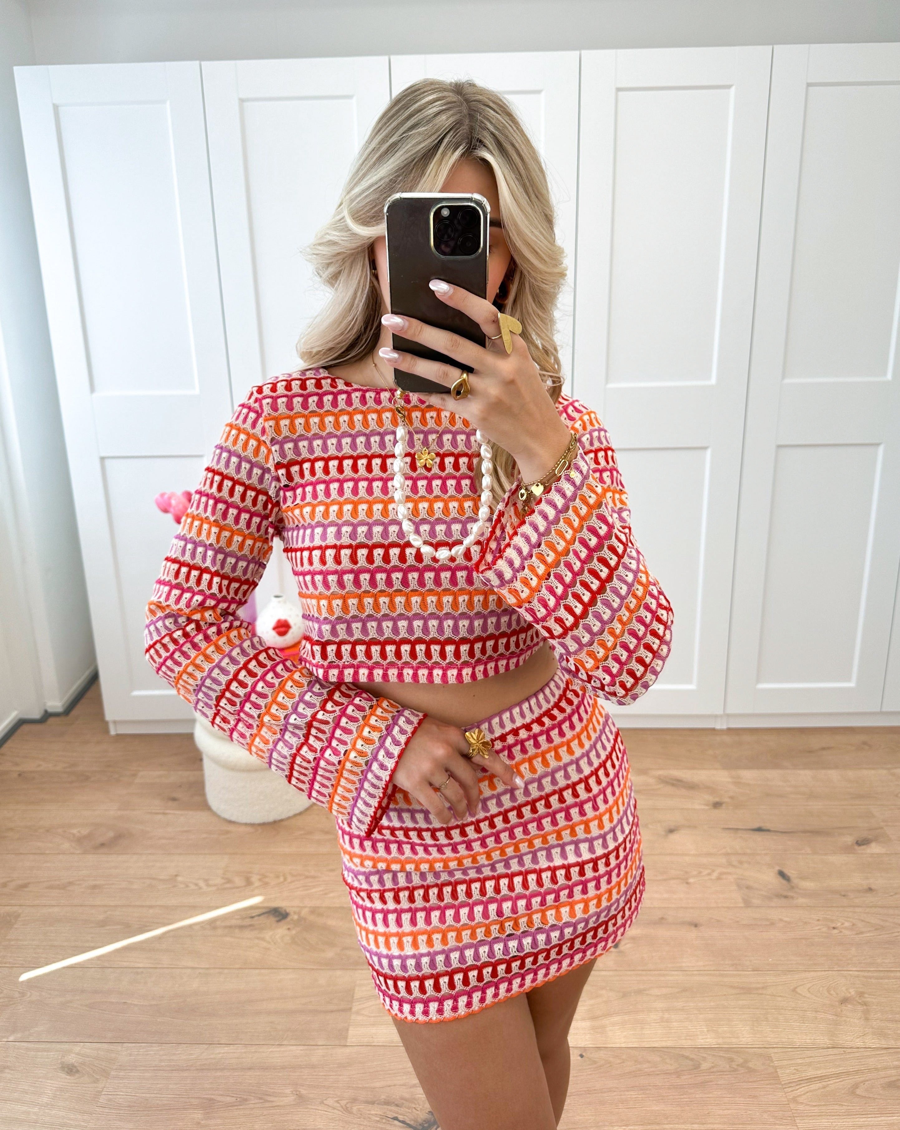 Coordingset - Gebreide tweedelige damesset met lange mouwen en minirok-Boutique Moda