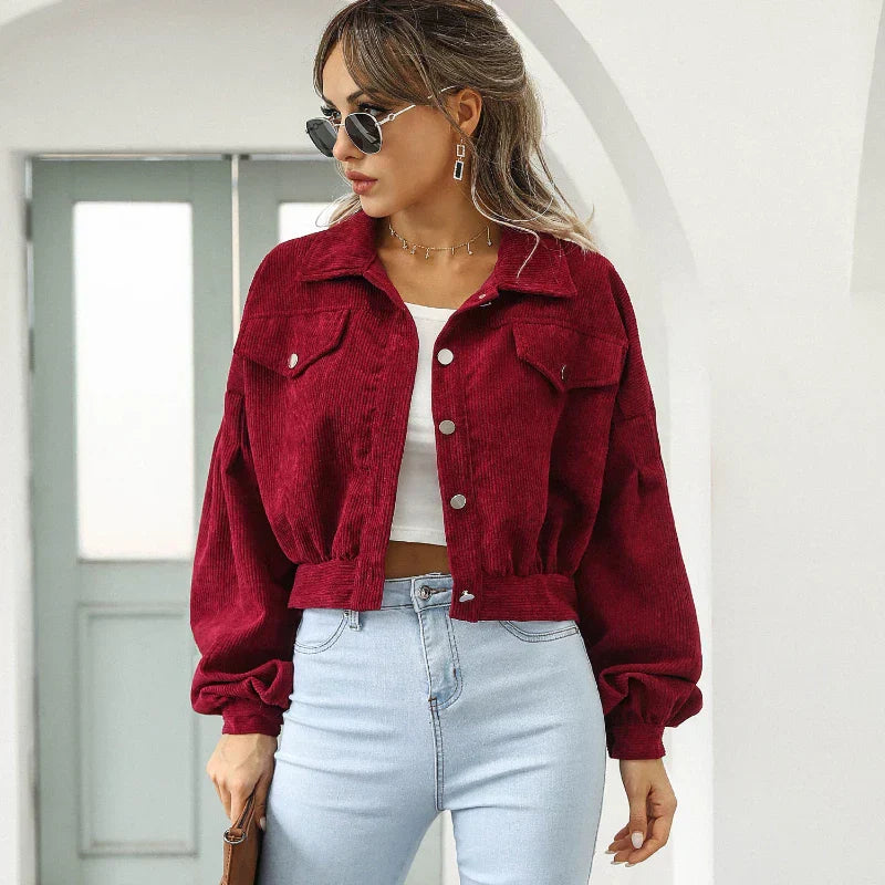 Corduroy Jas | Button-Up | Lantaarn Mouw | Cropped Jas | Bomberjack voor Vrouwen-Boutique Moda