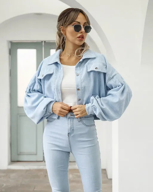 Corduroy Jas | Button-Up | Lantaarn Mouw | Cropped Jas | Bomberjack voor Vrouwen-Boutique Moda
