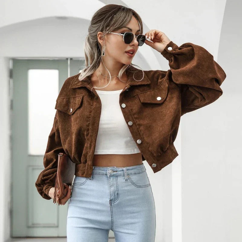 Corduroy Jas | Button-Up | Lantaarn Mouw | Cropped Jas | Bomberjack voor Vrouwen-Boutique Moda