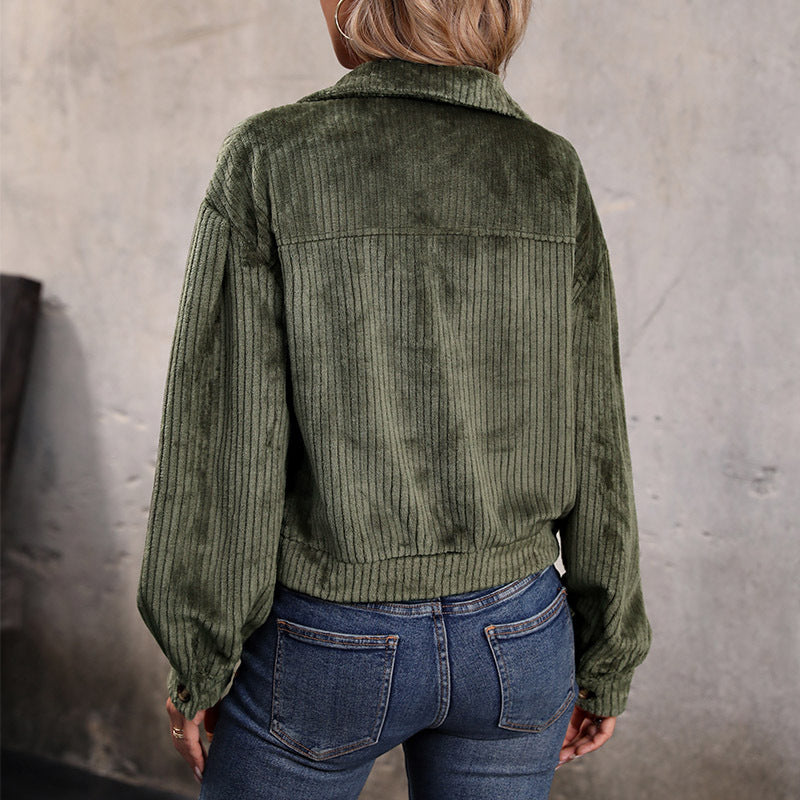 Corduroy Jas - Kort - Knopen - Groene Jas - Damesjas-Boutique Moda