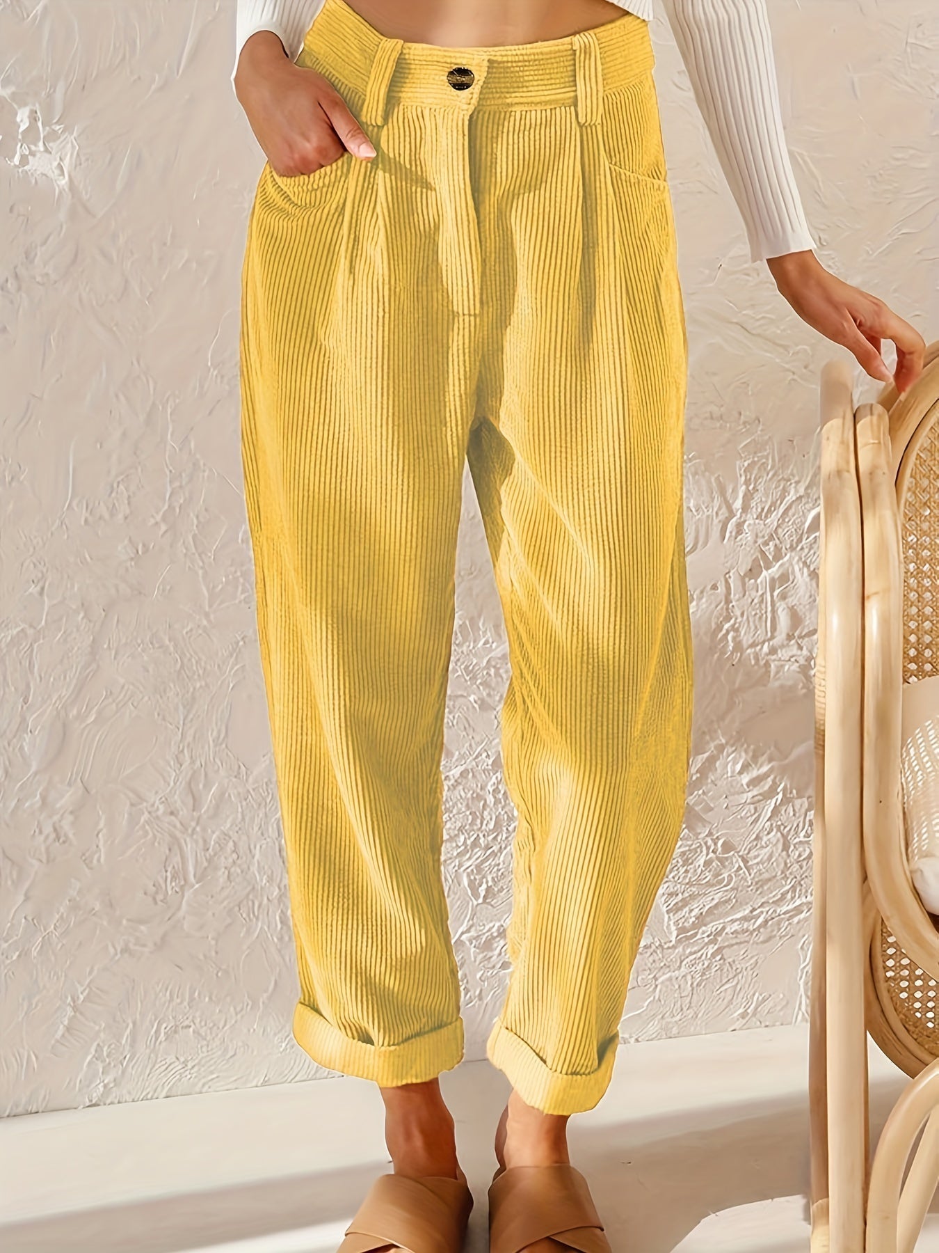 Corduroy broek - Losse pasvorm - Baggy - Hoge taille - Damesbroek-Boutique Moda